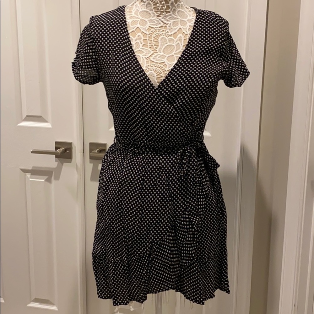 Blue Rain Black/White floral faux wrap dress